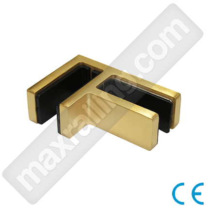 Връзка за стъкла от 12мм. до 15мм с ъгъл под 90°. Неръждаема стомана AISI 316. Златен сатениран.